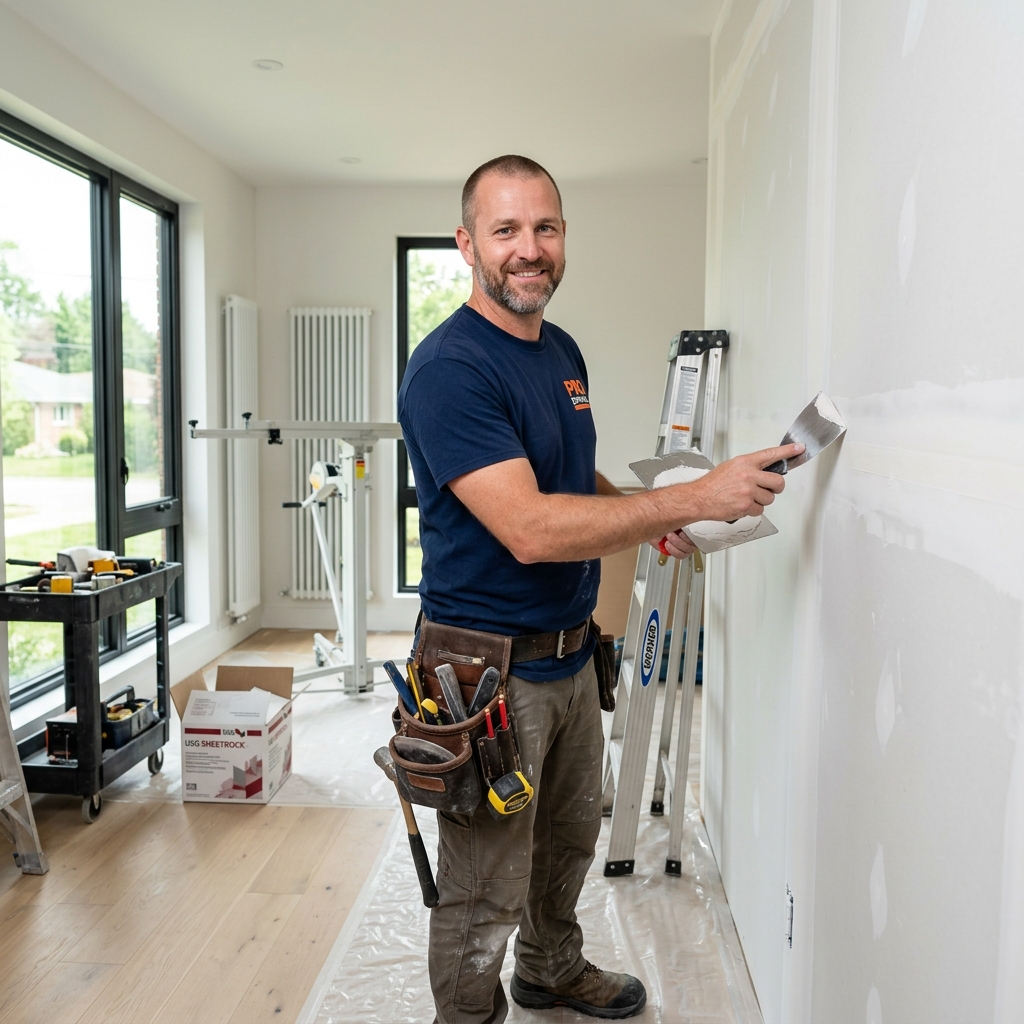 Instalador profissional de drywall no trabalho com a Dexos